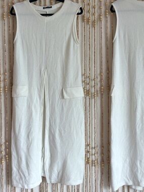 Zara Ivory Sleeveless Soft Textured Slit Front Modern Minimalist Tunic Dress